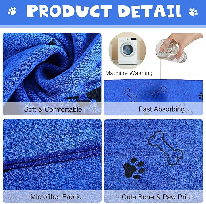 Chumia 4 Pcs Dog Towels for Drying Dog Puppy Bulk Microfiber Absorbent Paw Towel Pet Bathing Supplies Quick Drying for Medium Cats Pets Shower(24 x 40 Inch,Dark Blue)