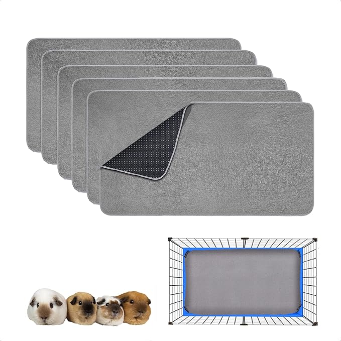 Guinea Pig Cage Liner, 6 Pack - Washable, Reusable, Leakproof Fleece Bedding Pads for Small Animals with Anti-Slip Bottom - for 15''x29'' Area, Gray