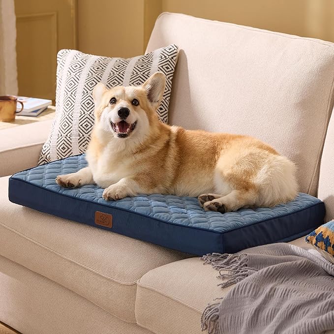 Bedsure Orthopedic Dog Bed for Medium Dogs - Flat Memory Foam Pet Mattress with Removable Washable Cover and Egg Crate Foam, Suitable for Pet Up to 35 lbs, 30x20x3 Inches, Navy