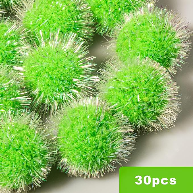 VAPKER 30 Pcs Cat Ball Toys Sparkle Balls Extra Large 2 Inch Cat's Favorite Chase Glitter Ball Glitter Tinsel Pom Poms Balls Green Color