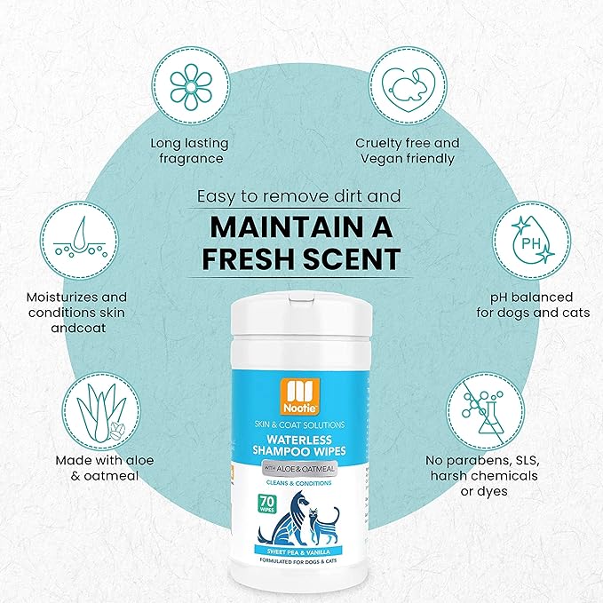 Nootie Waterless Shampoo Wipes for Dogs & Cats (70 Wipes, Sweet Pea & Vanilla)