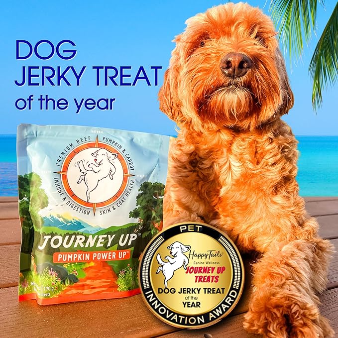 HappyTails Journey Up, Pumpkin Power Up Jerky Treats for Dogs with Beef, Pumpkin & Carrots-Made in USA-Prebiotics for Gut & Immune Health, Omega 3 & 6 for Skin & Coat, Small-Large Dogs, 6 oz.
