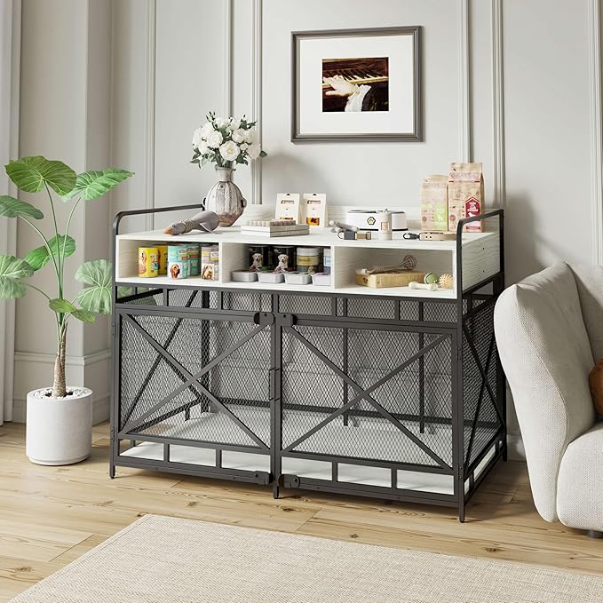 Dog Crate Furniture, 48" Heavy Duty Wooden Dog Crate End Table, XL Dog Kennel Furniture Large Breed, Decorative Dog Kennel Indoor with 3 Drawers & Steel Tube 48"L x28"W x36"H (White and Black)