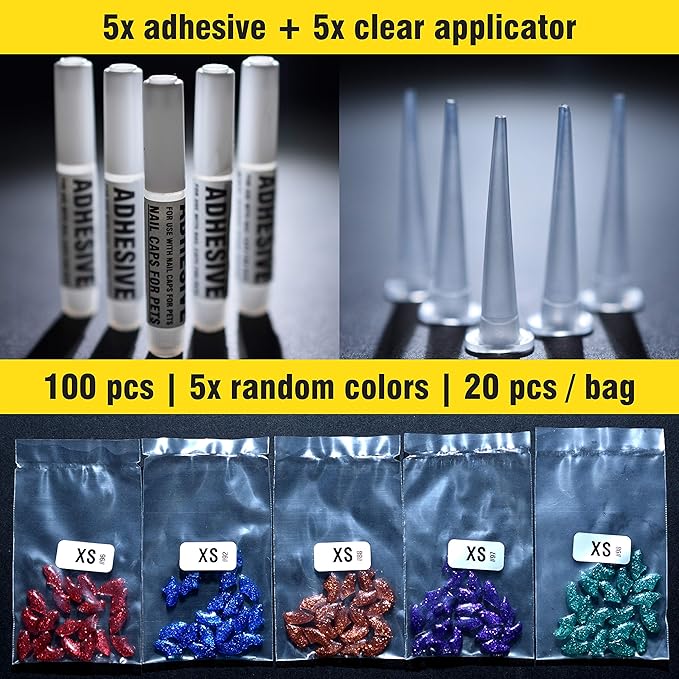 zetpo Cat Nail Caps | Cat Claw Covers | with Adhesives and Applicators (XS, 5X Glitter Random Colors | 100 pcs)