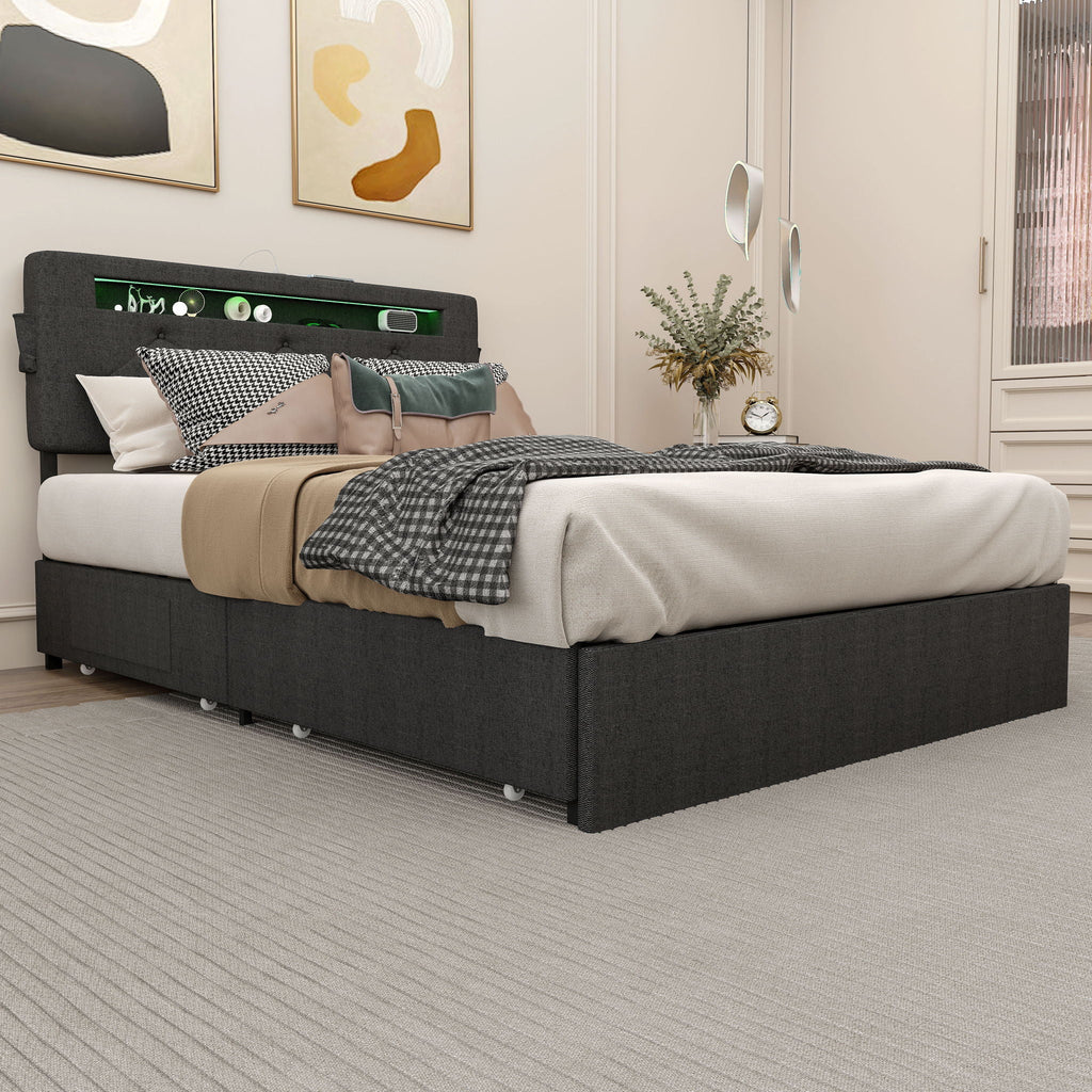 Bed With USB Charging Station, LED Lights, Headboard & Storage Drawers