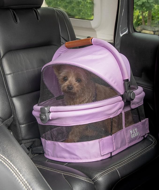 Pet Gear No-Zip View 360 Ultra Lite Pet Safety Carrier & Car Seat for Small Dogs & Cats Push Button Entry, 15", Bright Lilac