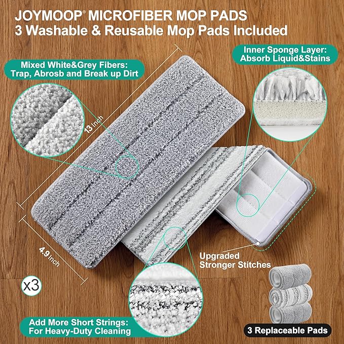 JOYMOOP Mop and Bucket with Wringer Set for Home, Flat Mop and Bucket System, Mops for Floor Cleaning and Wall Cleaner, with 3 Reusable Microfiber Mop Pads