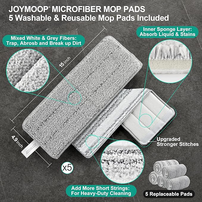 JOYMOOP Mop and Bucket with Wringer Set, Flat Squeeze Mop with Bucket (X-Large), Dust Mop for Wall Cleaner with Long Handle, Microfiber Mop - White Bucket with 5 Reusable 15" Pads