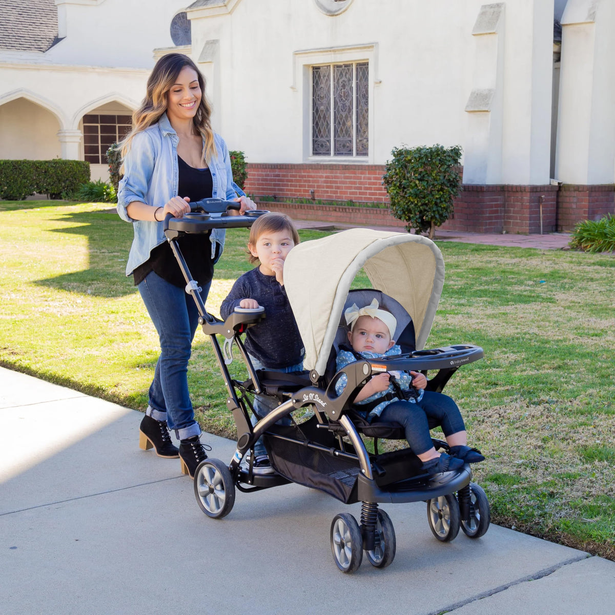 Baby Trend Double Infant and Toddler Stroller w/ Harness and Basket, Sit N' Stand, Stormy - Convertible Twin and Tandem Strollers for Babies