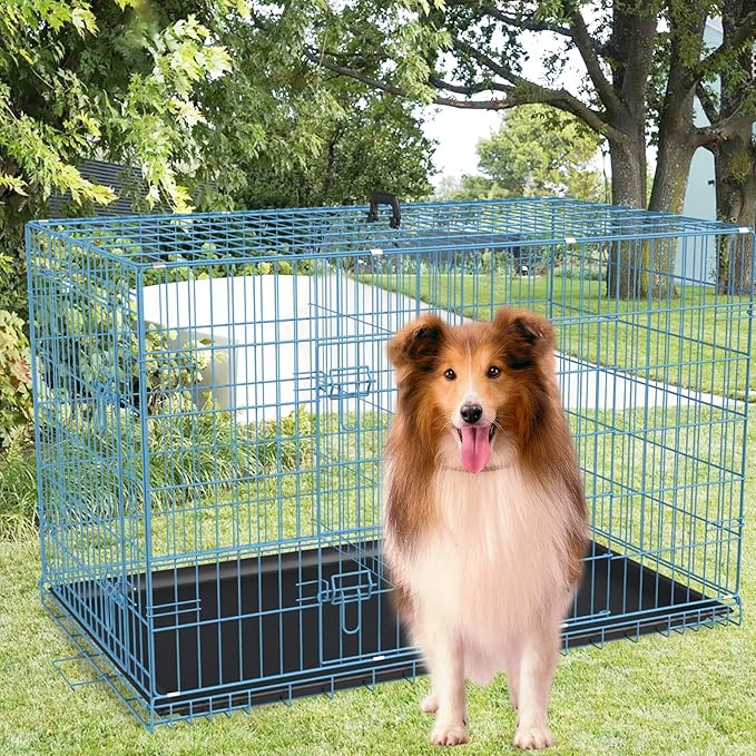 FDW Dog Crate for Large Dogs 48 Inch Folding Metal WirePet Cage Double Door W/Divider Panel Indoor Outdoor Kennel Leak-Proof Plastic Tray,Blue