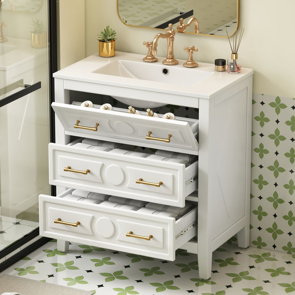 Retro Bathroom Vanity With Sink Combo, Free Standing Single Set With 3 Drawers