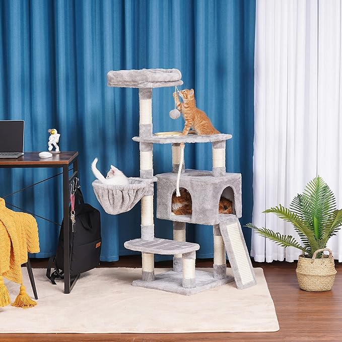 Heybly Cat Tree, Cat Tower for Indoor Cats with Scratching Board, Multi-Level Cat Furniture Condo with Feeding Bowl, Light Gray HCT010W