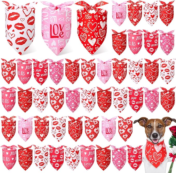 Weewooday 50 Pcs Valentine Dog Bandanas Bulk for Dogs Soft Bibs Adjustable Triangle pet Bandana for Small Medium Large Costume(Heart Pattern, 19.7 x 13.8 x 13.8 Inch)