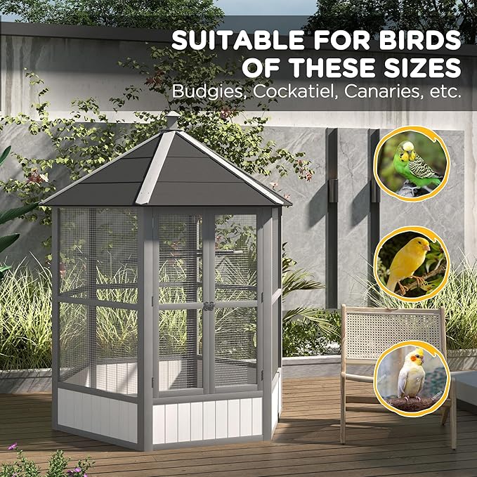 PawHut 69" Large Wooden Hexagonal Outdoor Aviary Flight Bird Cage with Covered Roof, Light Gray