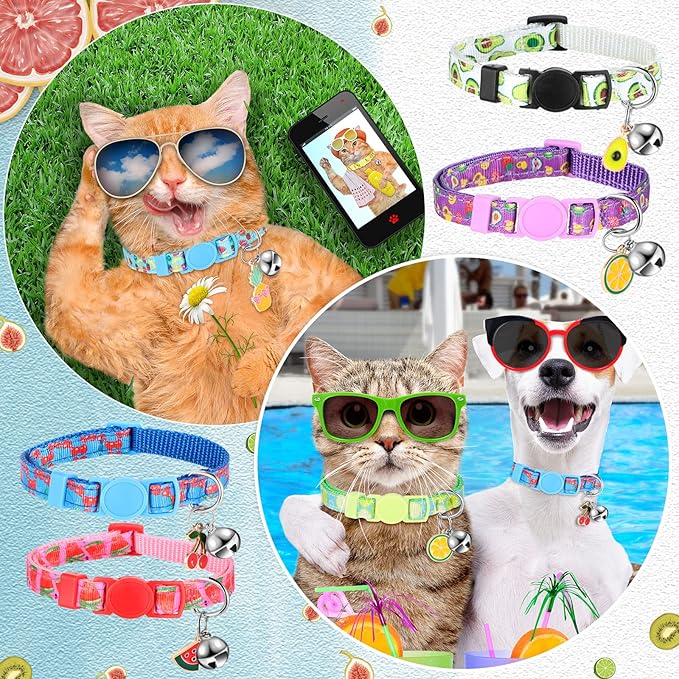 Frienda 12 Pcs Spring Summer Breakaway Cats Collars Girl Cat Safety Adjustable Collars with Bell and Summer Fruit Patterns Pendants Set for Pets Decoration(Medium)