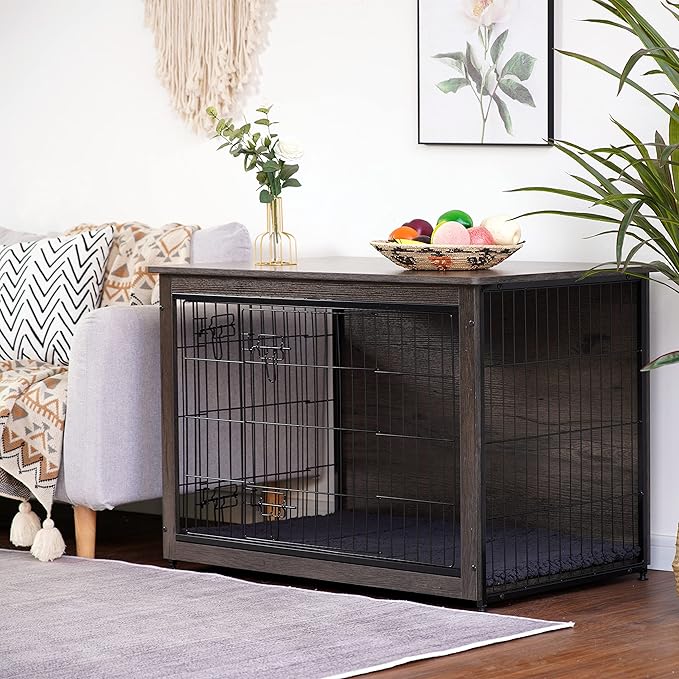 DWANTON Dog Crate Furniture with Cushion, Wooden Kennel Table with Double Doors, Indoor Dog House, Large Size, 38.5" L, Dark Gray