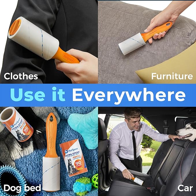 PetLovers Extra Sticky Lint Roller Mega Value Set 450 Sheets for Pet Hair Removal and Clothes, Dog and Cat Lint Remover 5 Pack Orange