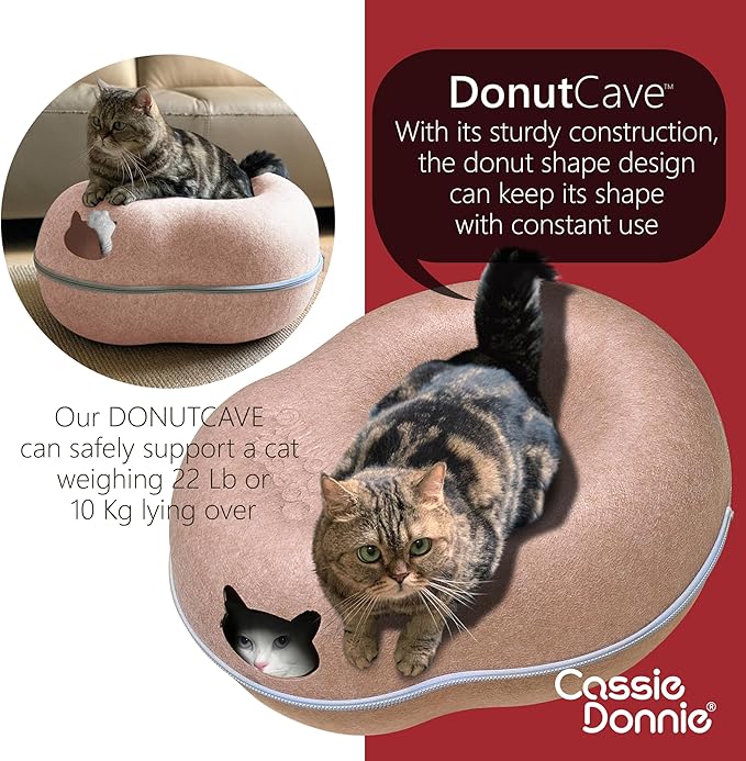 Cat Tunnel Bed for Indoor Cats, Medium Large, Donut Cave House up to 22 Lbs, Spacious for 2 Kittens (Brown)
