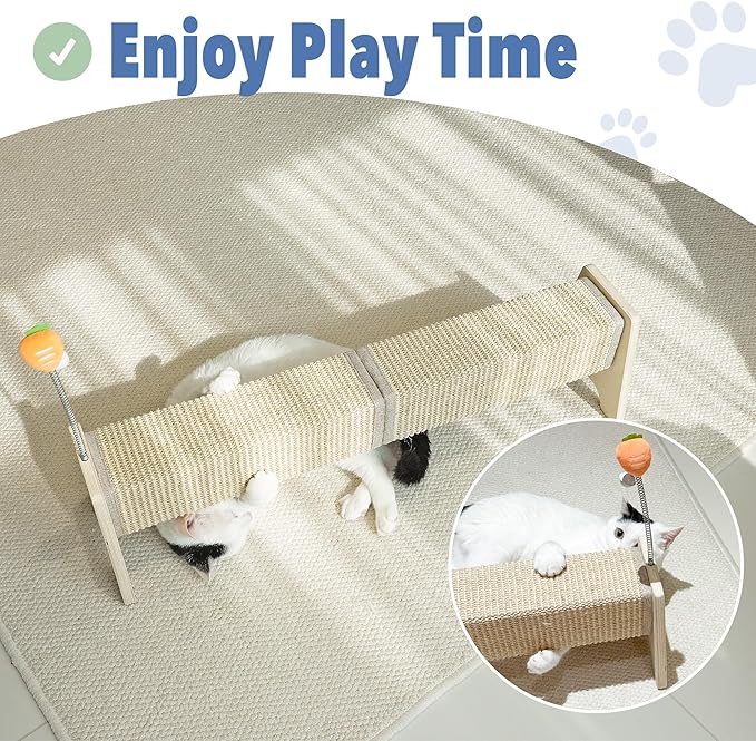 Cat Scratching Post, 30" Horizontal Sisal Scratch Post for Indoor Cats, Durable Cat Furniture Protector with Spring Toy