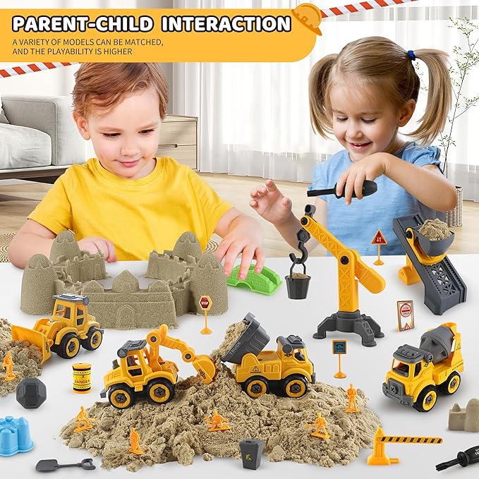 Asoxt 43-Piece Construction Sensory Playset – 2 lbs Play Sand, 4 DIY Trucks, Crane & Road Signs – Creative Sandbox Toy for Kids Ages 3+