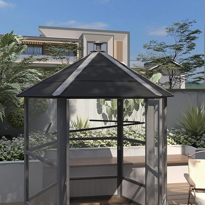PawHut 69" Large Wooden Hexagonal Outdoor Aviary Flight Bird Cage with Covered Roof, Light Gray