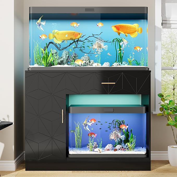 Heavy-Duty 40 Gallon Aquarium Stand, Modern Dual Tank Cabinet with Hidden Cord Organizer & 550lbs Capacity, 30-50 Gallon Fish Tank Stand, Waterproof and Adjustable Shelf, Black