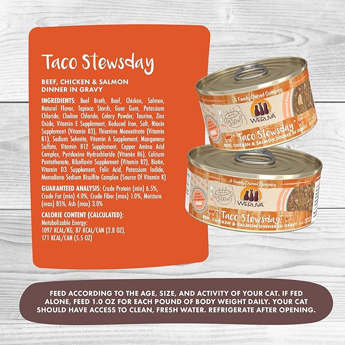 Weruva Classic Cat Stews!, Taco Stewsday with Beef, Chicken & Salmon in Gravy, 2.8oz Can (Pack of 12)