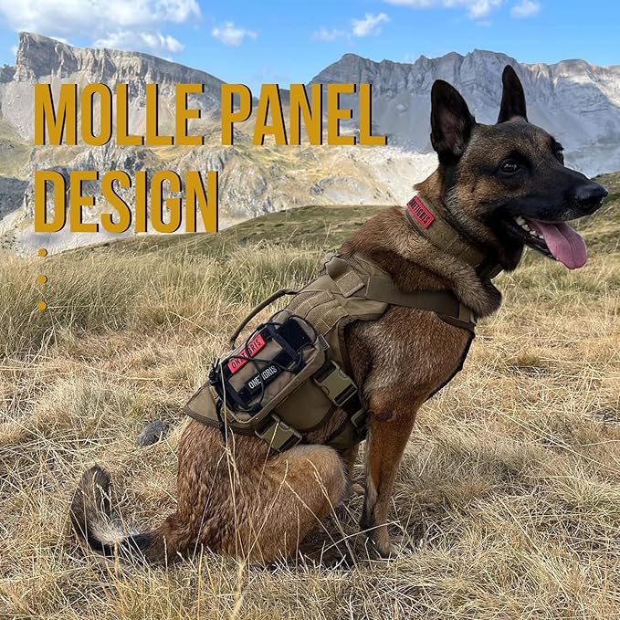 OneTigris No Pull Tactical Dog Harness for Medium Large Dog, Mesh Design Breathable Service Dog Vest with Handle, Military Dog Vest Harness with Molle Panels for Walking Hiking Training (XL, Brown)