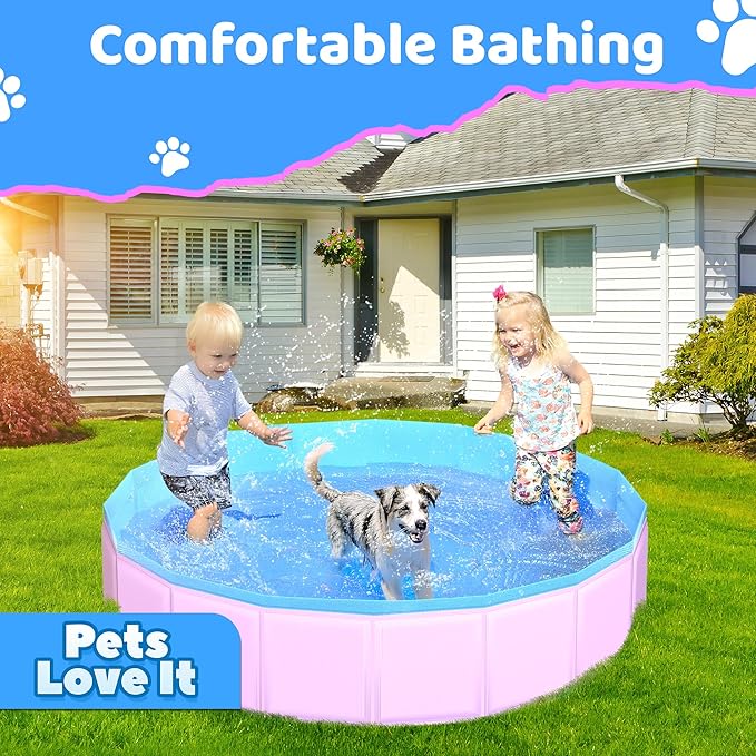 2025 Updated Foldable Dog Pool, 47" x 12" Kiddie Pool with Hard Plastic, Non-Slip Dog Bath Tub for Outdoor Backyard, Collapsible Dog Swimming Pool for Kids Dogs Pets (Pink)
