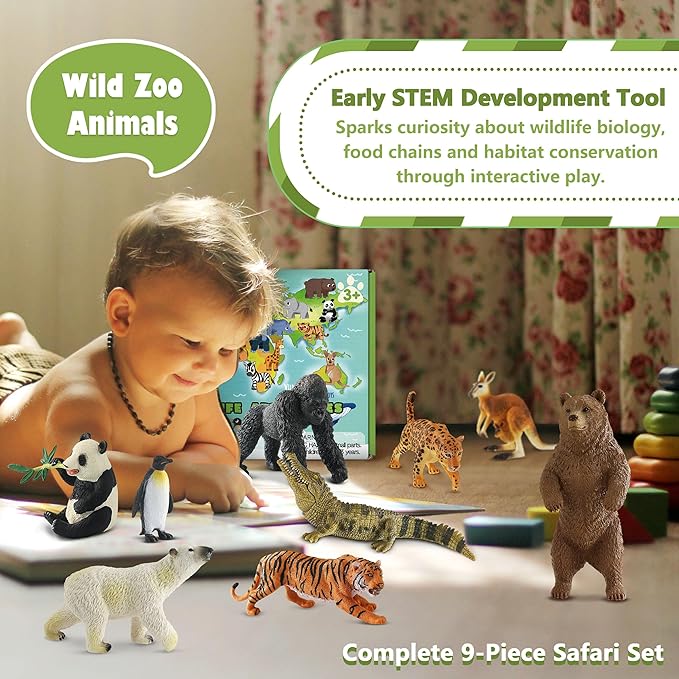9 PCS Zoo Animal Toys for Kids 3-5 Realistic Plastic Wild Animal Figurine Toys Educational Learning Toy for Kids Boys Girls Toddlers