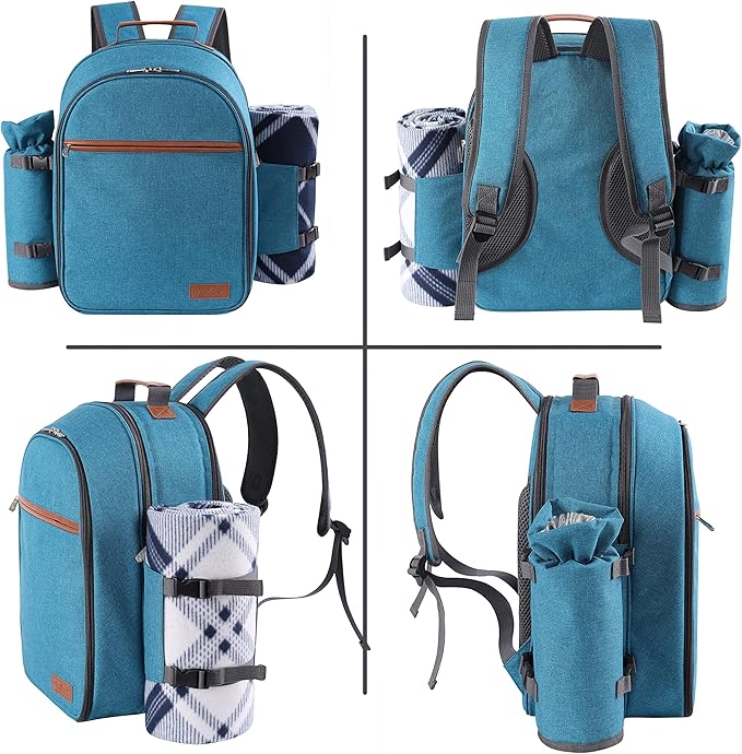Apollo Walker Picnic Backpack Set for 2 Person with Cooler Compartment, Detachable Bottle/Wine Holder, Fleece Blanket, Plates and Cutlery Set (Teal)