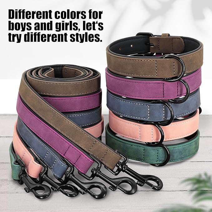 Didog Soft Padded Leather Dog Collar and Leash Set,Pink Breathable Pet Collars with 4FT PU Leather Dog Leash for Small Medium Large Dogs, Pink, M