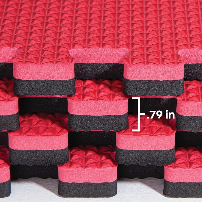 Norsk Reversible Gym Exercise Mats 3/4" Thick EVA Interlocking Foam Tiles, Perfect Home Gym Flooring, 24 Tiles & 48 Trim Pieces, 96 Sq. Ft. Reversible, Red/Black