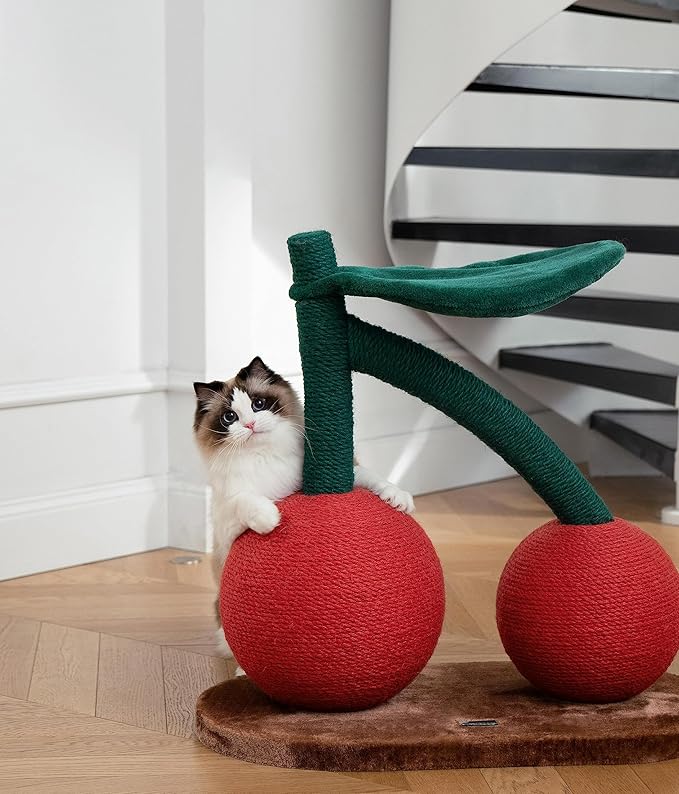 VETRESKA Cat Scratching Post, Large Cherry Cat Scratcher with Hammock, Tall Cat Scratch Interactive Toy with Natural Sisal Rope for Indoor Cats, Kittens