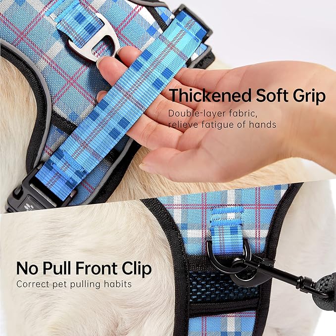 NESTROAD No Pull Dog Harness with Leash, Reflective No Choke Pet Vest Harness,Adjustable Soft Padded Dog Harness with Easy Control Handle for Large Dogs(Checkered Blue,Large)