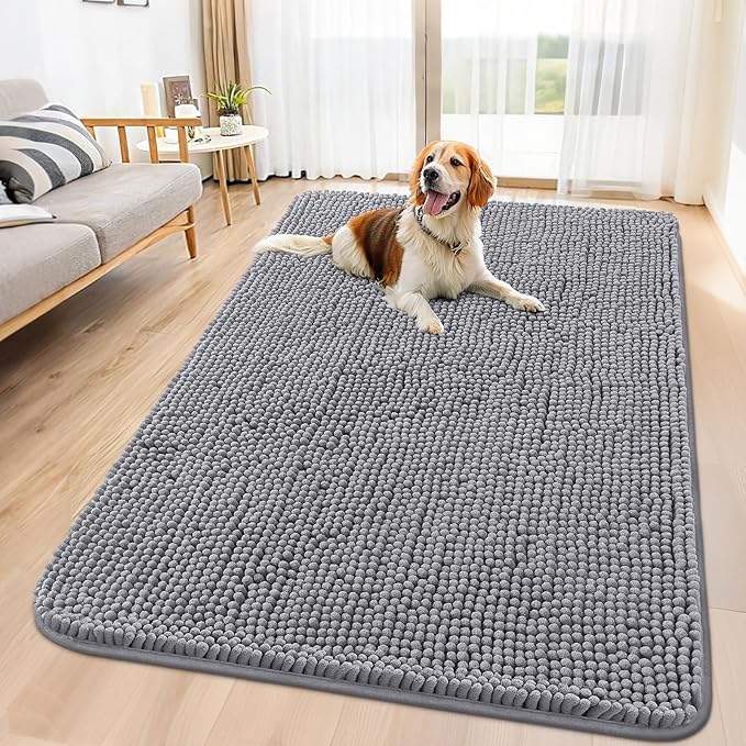 Smiry Dog Door Mat for Muddy Paws 59x32, Absorbs Moisture and Dirt Doormat, Non-Slip Washable Quick Dry Chenille Front Door Mat Indoor Entrance, Entryway Carpet for Inside Floor, Grey