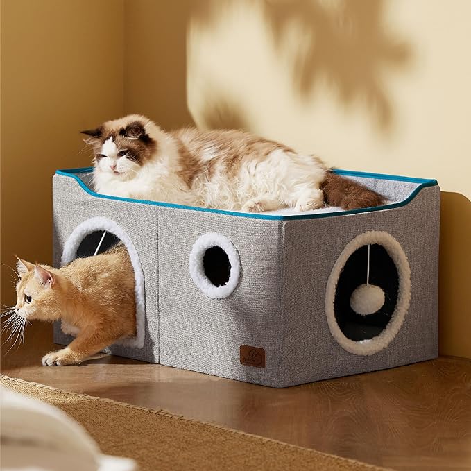 Bedsure Large Cat Beds for Indoor Cats - Extra Wide Cat Cube House for Small Pet with Fluffy Ball Hanging and Scratch Pad, Foldable Pet Cave Hideaway for Multiple Cats, 23.6x16.9x13 inches, Grey