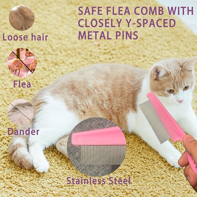Cat Grooming Brush Kit 6 Tools - Deshedding & Dematting for Long/Short Hair, Self-Cleaning Slicker Brush with 6-in-1 Flea Comb for Cats & Kittens (Pink)