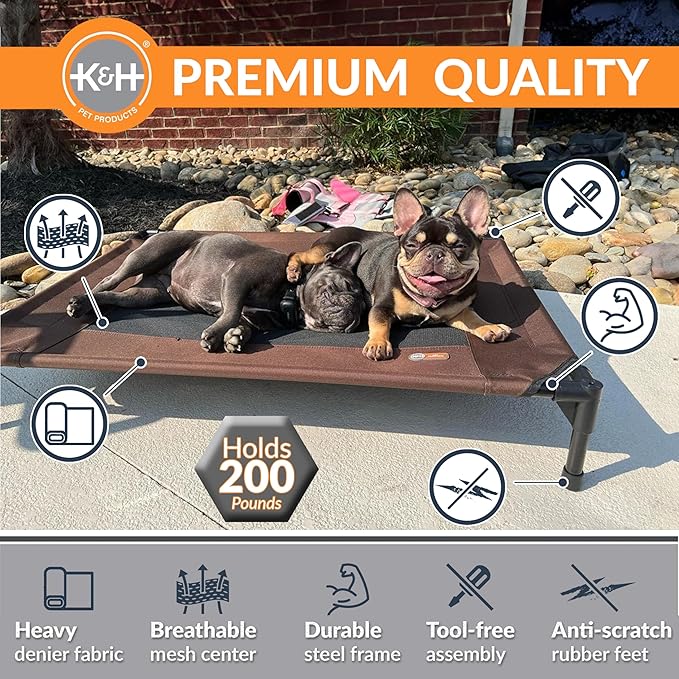 K&H Pet Products Outdoor Elevated Dog Cot, Breathable Cooling Elevated Cot Hammock Pet Bed for Medium Dogs, Washable Mesh Cover, Raised Metal Frame, Collapsible, Portable - Medium 32 X 25 Chocolate