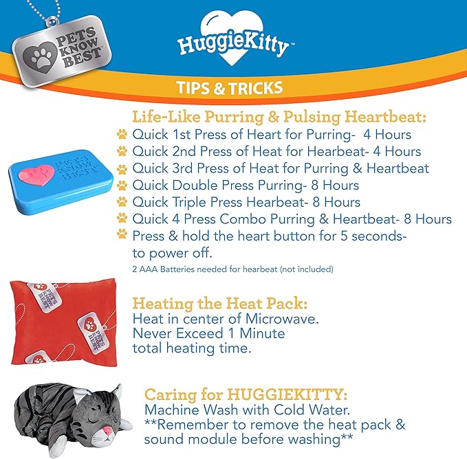 Pets Know Best HuggieKitty | Comfort Purring Companion with Heartbeat Sleep Aide for Cats & Kittens, Heating for Calming Relief, Carrier & Behavioral Training Essential, Breeds, Grey