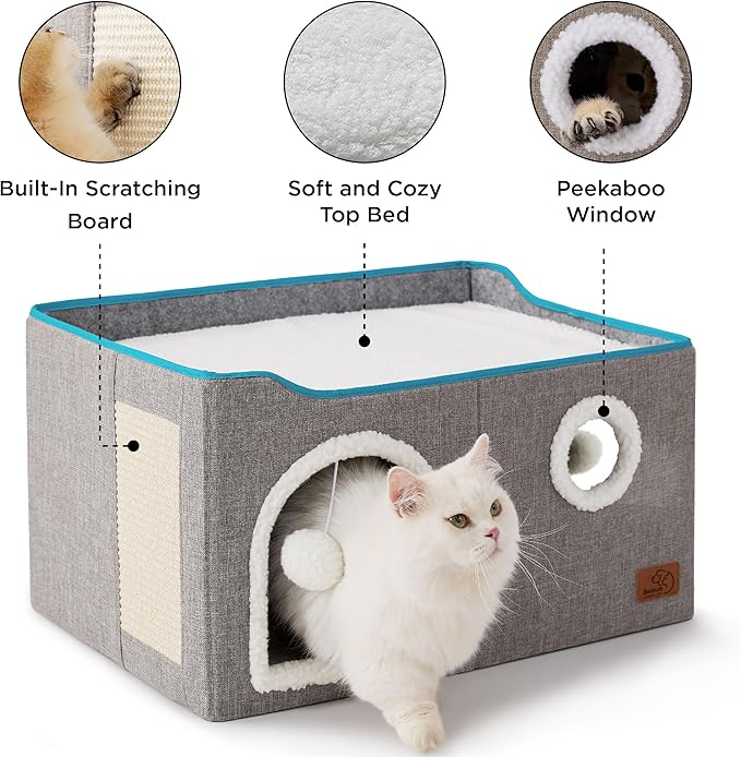 Bedsure Large Cat Beds for Indoor Cats - Extra Wide Cat Cube House for Small Pet with Fluffy Ball Hanging and Scratch Pad, Foldable Pet Cave Hideaway for Multiple Cats, 23.6x16.9x13 inches, Grey