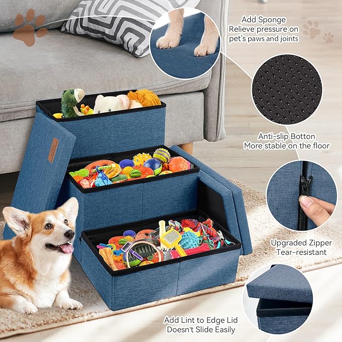 Dog Stairs with Storage 18" H, 3-Step Wider Dog Steps for Large/Medium/Small Older Dogs Cats, Folding Sturdy Pet Stairs Climbing Bed or Couch, Ramp for Car Up to 200 lbs, Navy, No Condo