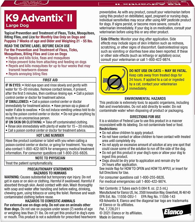 K9 Advantix II Large Dog Vet-Recommended Flea, Tick & Mosquito Treatment & Prevention | Dogs 21-55 lbs. | 2-Mo Supply (Packaging may vary)