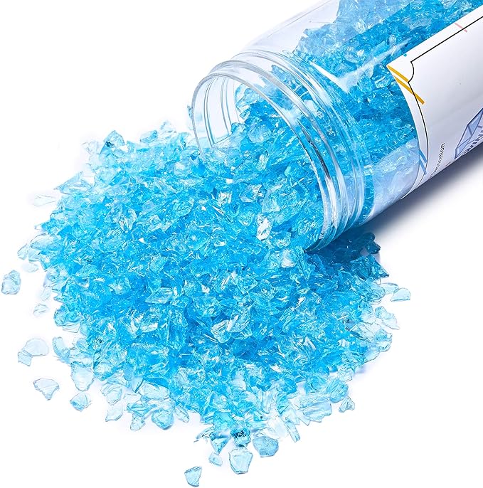 TWINKLING High Luster Fire Glass Gravel Stone Glitter,Broken Glass,Fire Gems Chips,Crushed Glass for Fire Pit Crafts Resin Art Aquarium Garden Decoration,3-6mm,1-Pound Jar (Ocean Blue)