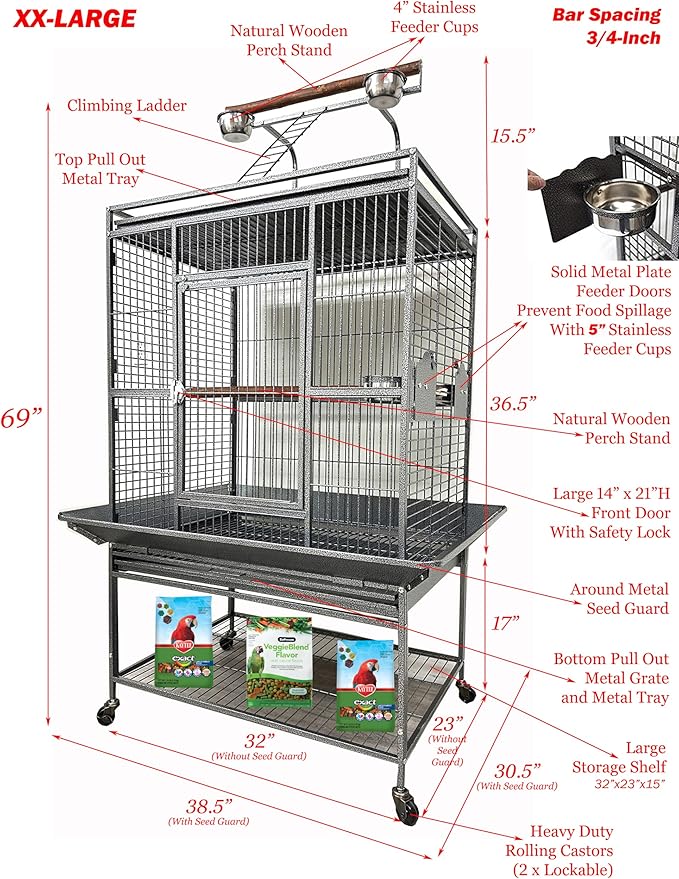 Extra Large Elegant and Durable Wrought Iron Climbing Ladder Perch Stand Play Top Ground Bird Parrot Metal Cage Around Seed Guard Storage Shelf with Heavy Duty Lockable Rolling Wheels