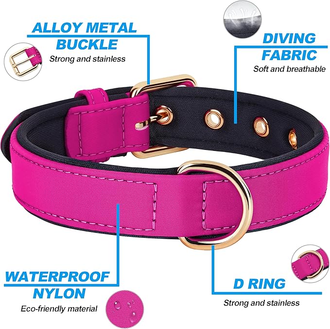 Didog Soft Padded Dog Collars for Medium Dogs, Lightweight and Breathable Dog Collar with Metal Buckle, Rose Purple, L