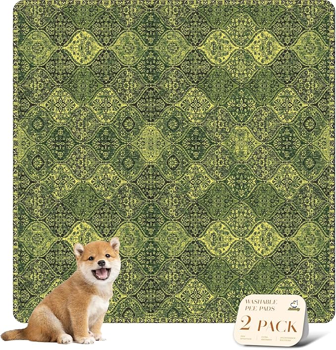 nunubaby Washable Pee Pads for Dogs, Stylish, Non-Slip and Leak-Proof Pee Pads. Reusable Potty Pads for Dogs for Crates and Floors.(Green/Multi, 48" x48")