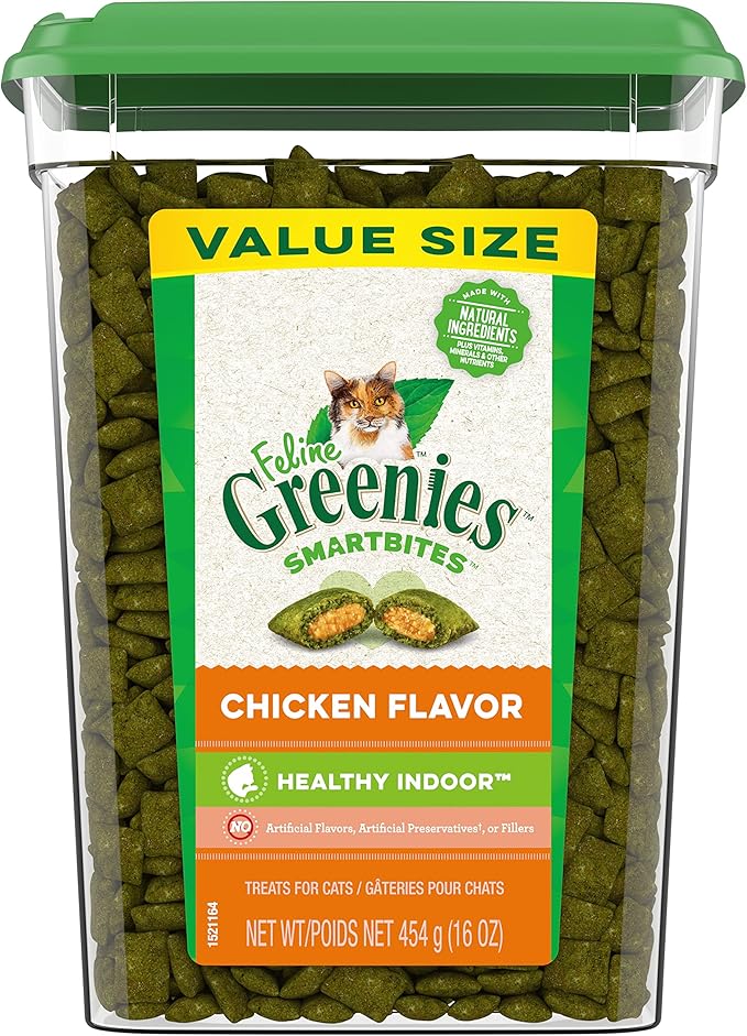 Greenies Feline Smartbites Healthy Indoor Cat Treats, Chicken Flavor, 16 oz. Tub