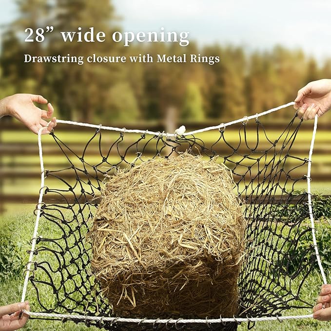Bloomoak Slow Hay Net Feeder for Horses, Durable Soft Black PE 2/3 String Hay Bales Bags, Fit 36x18x18 to 47x25x17 Inches, Extends 50-64 Inches (2 1.6" Hole/2PC)