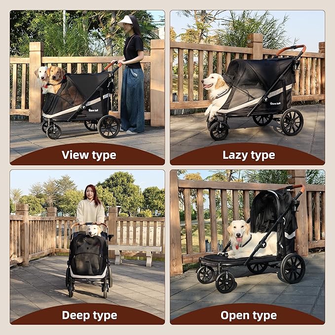 Dog Stroller for Large Dogs One-Click Folding 4 Wheel Foldable Dog Stroller for 2 Dogs with Storage Pocket Suitable for Pets Up to 110LBS (Black, Large)